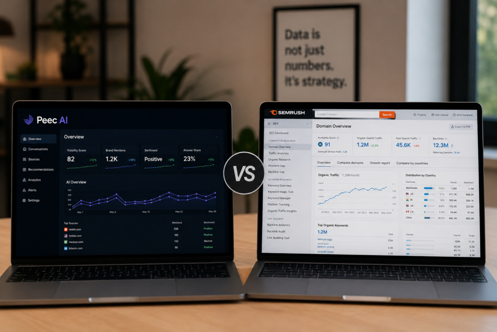 Peec AI vs Semrush : quel outil choisir pour piloter sa visibilité dans les IA ?